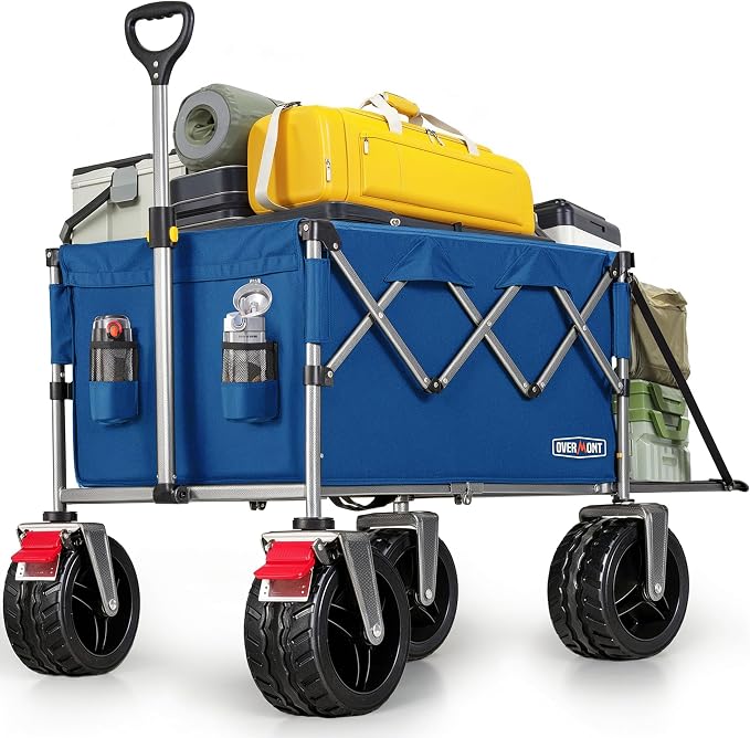 Overmont Folding Wagon with Tailgate, 300 lb Heavy Duty Collapsible Cart | 200L Large Capacity, All-Terrain Swivel Wheels with Dual Brakes, 49.2 in Extended Bed for Camping, Beach, Sports & Garden