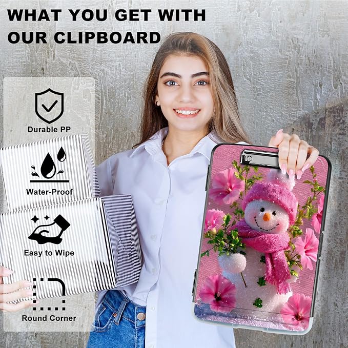A4 Clipboard with Storage Pen Holder, Clipboards Organizer Nursing Clipboard Foldable File Folder Plastic Clipboard Folio Clip Board for Office Work Classroom Doctor, Pink Flower Snowman