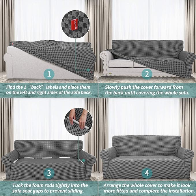 YEMYHOM Couch Cover Latest Jacquard Design High Stretch Sofa Covers for 3 Cushion Couch, Pet Dog Cat Proof Slipcover Non Slip Magic Elastic Furniture Protector (Large, Dark Gray Checkered)
