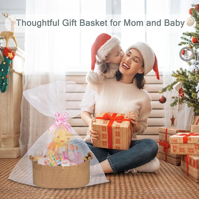 COMSE Small Gift Basket Empty with Bag & Ribbons, Solid Camel | Cotton Rope, 12"x 8"x 5", Pet Toy Storage Organizer, Woven Basket for Birthdays, Baby Showers, Mother’s Day, Valentine’s Day