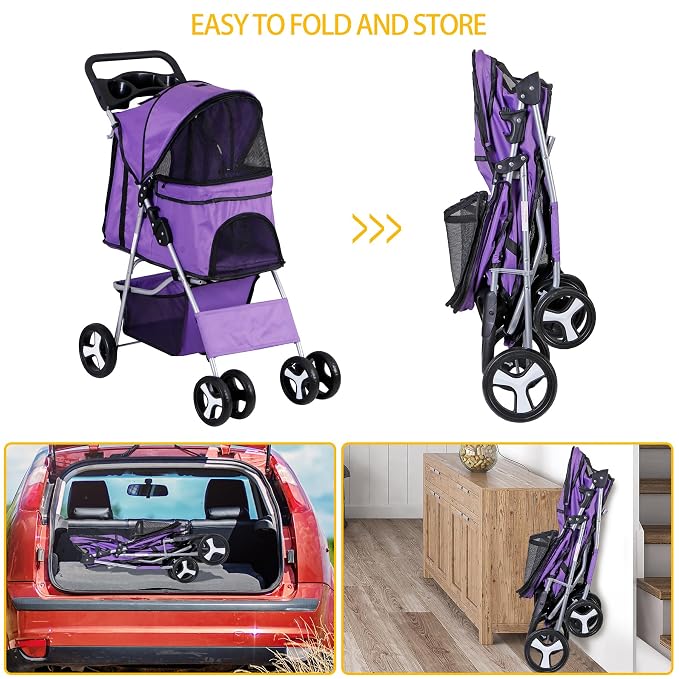 4 Wheels Dog Stroller Folding Pet Strolling Cart for Small Medium Cats Puppies Portable Jogger Travel Camping Puppy Carrier with Storage Basket Cup Holder, Purple