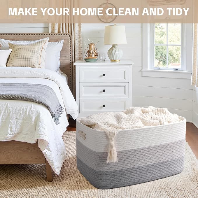 OIAHOMY Blanket Basket Laundry Basket Dog Toy Basket 75L Gradient Grey | Large Storage Basket,Baby Basket,Toy Storage,Woven Rope Basket for Blankets,Blanket Storage for Living Room