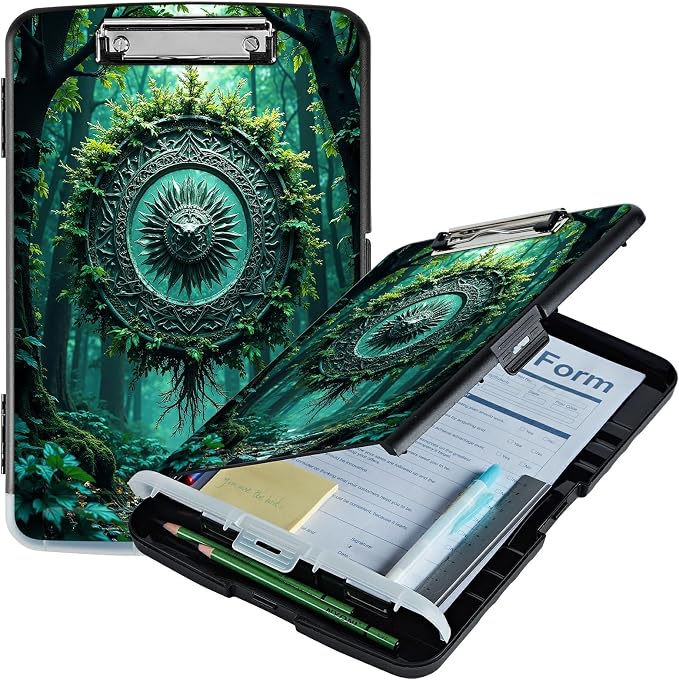 A4 Clipboard with Storage Pen Holder, Clipboards Organizer Nursing Clipboard Foldable File Folder Plastic Clipboard Folio Clip Board for Office Work Classroom Doctor, Forest Wind Chime
