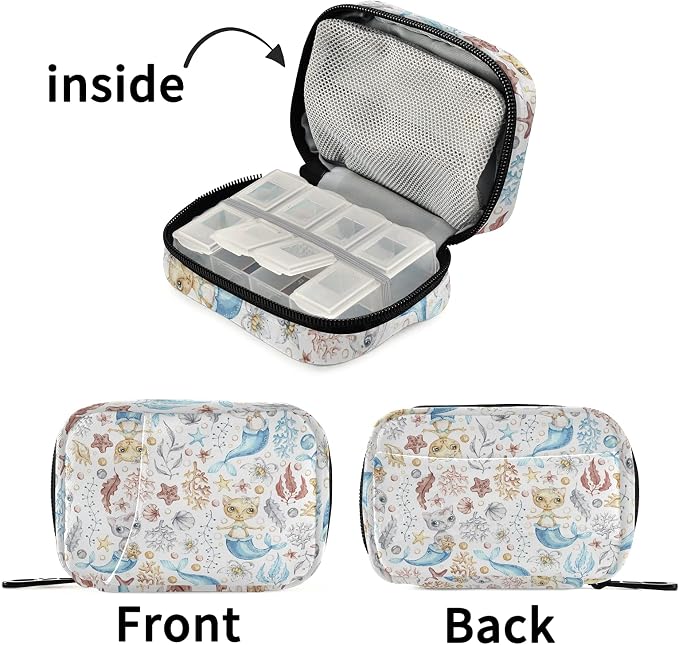 Watercolor Cat Mermaid Pill Box 7 Day Pill Case Travel Pill Organizer Bag with Zipper Portable Weekly Case Compact Size for Vitamin Supplement Holder