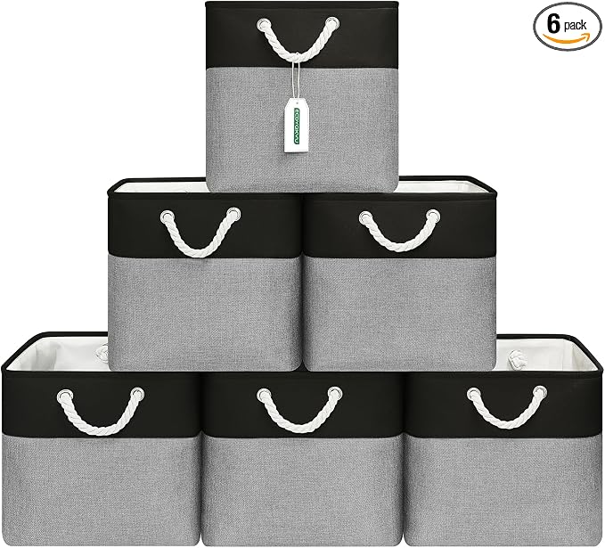 ECDYQXVU 13x13x13 Inch Storage Cube Bins Foldable Organizer Baskets 6 Pack | Soft Cotton Handles, Premium EVA Fabric, Hard Cardboard Bottom, Sturdy Metal Rim, Closet Shelf, Living Room, Bedroom, Laundry