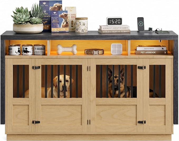Furniture Dog Crate, 71" Double Dog Crate Furniture Natural & Grey | with Divider & Power Outlet, Heavy Duty Dog Kennel Furniture for Medium Dogs, Wooden Large Dog Crate with Storage