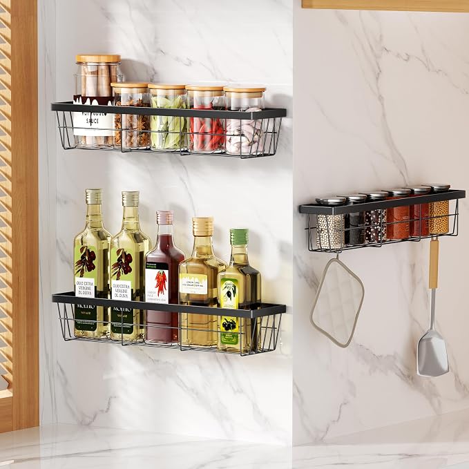 3PCS Cabinet Door Organizer,Self Adhesive Kitchen Cabinet Organizer,Over the Door Organizer Storage Box,metal Pantry Door Organizer,Storage shelf rv must haves. (Blackiron)