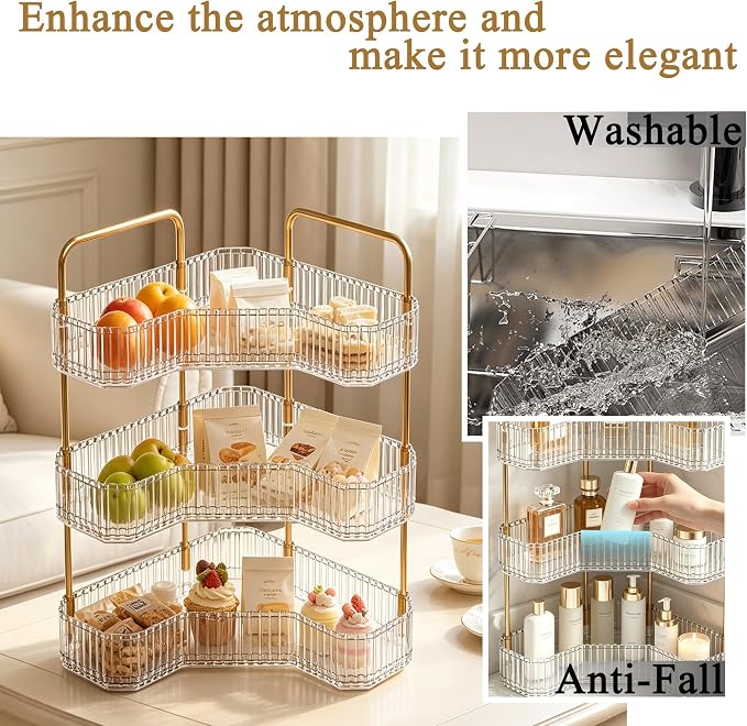 3-Tier Corner Bathroom Organizer, Skincare Vanity Counter Shelf Clear | Premium PET Perfume Display Stand with Gold Metal Rods, Space-Saving 90 Degree Storage Rack for Dresser