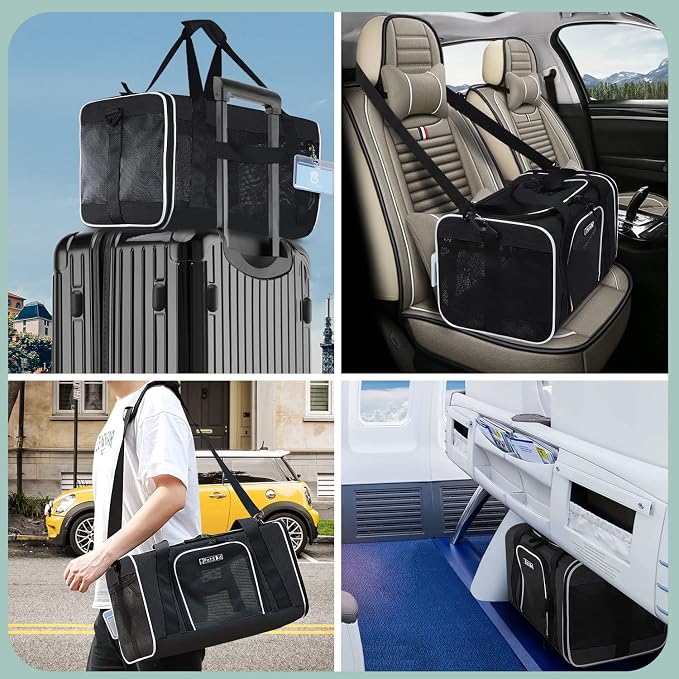 Small Pet Carrier 18" L x 11" W x 11" H Airline Approved, Black | for Delta/American/United Airlines, Lockable Safety Zippers and Anti-Scratch Mesh, Pets Under 10 lbs