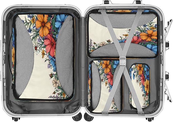Packing Cubes for Travel, Vintage Floral Travel Luggage Packing Organizers for Women Men, Large Custom Toiletries Bag for Clothes Shoes, Retro Pretty Colorful Flower