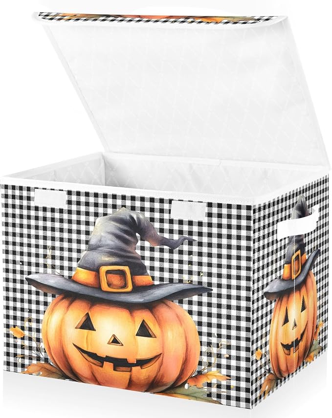 Halloween Pumpkin Fabric Storage Bins with Lid Closet Storage Basket 40L | Decorative Storage Boxes, Foldable & Stackable, Dust-Proof Flip Top, Reinforced Handles, For Home & Dorm, Clothes & Toy Box