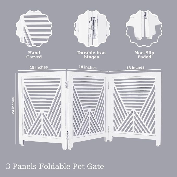 Lightnpro 3‑Panel Wooden Dog Gate – Antique White Foldable Freestanding Pet Barrier, Extra‑Wide Indoor Safety Fence for Small Dogs & Puppies – 24x54 Inch Decorative Finish