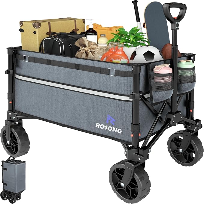ROSONG Collapsible Wagon Cart with Wheels Foldable - Folding Utility Heavy Duty Wagons Carts for Grocery Sports Garden Shopping Camping Grey