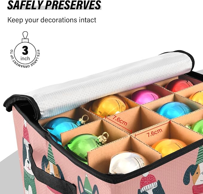 OTVEE Christmas Ornament Storage Box Holiday Decoration Organizer Stores upto 64 Holiday Ornaments Adjustable Dividers Tear-Proof Fabric Christmas Pet Print
