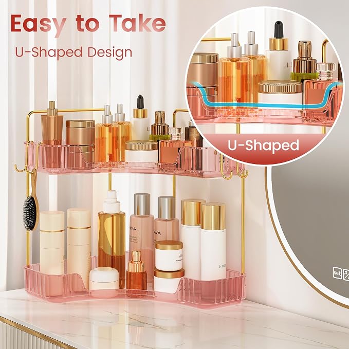 Delicate Pink 2-Tier Corner Counter Organizer Bathroom Organizers | Kitchen & Vanity Storage for PET Makeup Storage Countertop with Hooks, Skincare & Jewelry