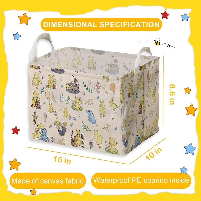 Winnie baby Stuff，Winnie Storage Nursery Basket, Large squarecanvas Laundry Hamper With A Waterproof PECoating, Foldable, Bathroom and Bedroom SetClothes ,Toys Bin, Baby Nursery HamperDecor