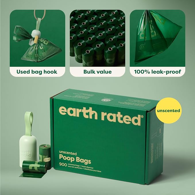 Earth Rated Dog Poop Bag Holder, Durable and Guaranteed Leakproof, Unscented, 1 Dispenser and 900 Bags (Pack of 2)