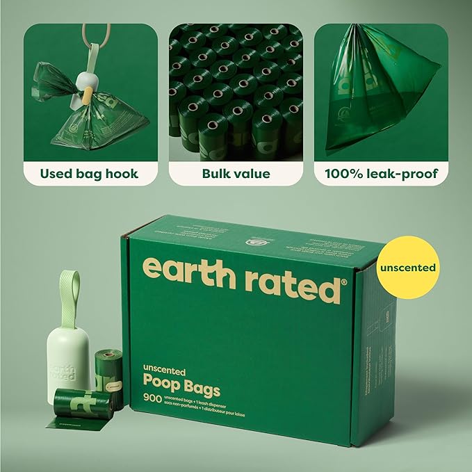Earth Rated Dog Poop Bag Holder, 1 Dispenser and 900 Bags, Unscented | Durable and Guaranteed Leakproof Poop Bags
