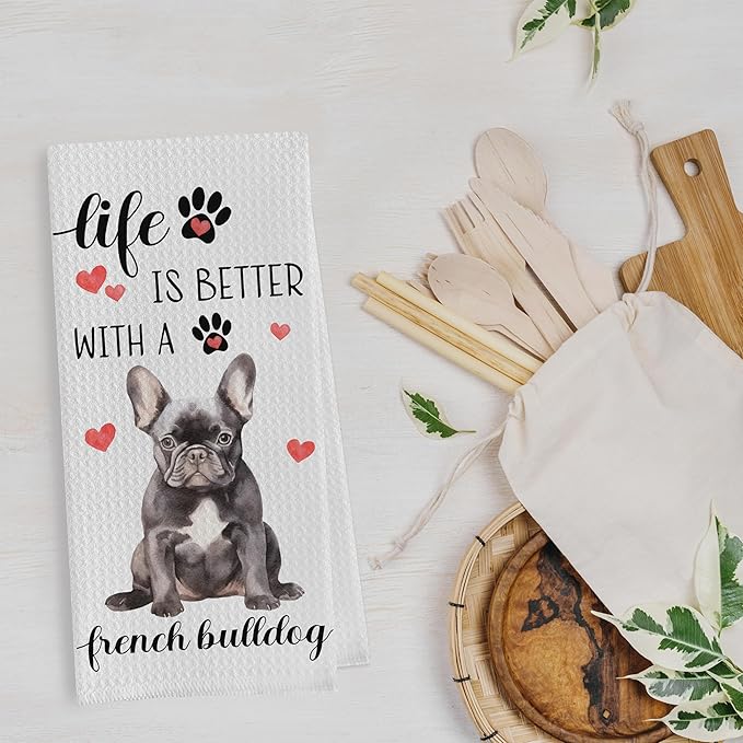 Gqtt French Bulldog Dish Towels Set - Funny Bulldog Gift Waffle Weave Kitchen Towels, Decorative Hand Tea Towels for Kitchen Bathroom (1624 Inches Set of 2)