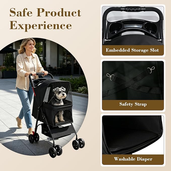 Foldable Pet Stroller for Small Dogs & Cats Up to 28 lbs, 360° Mesh