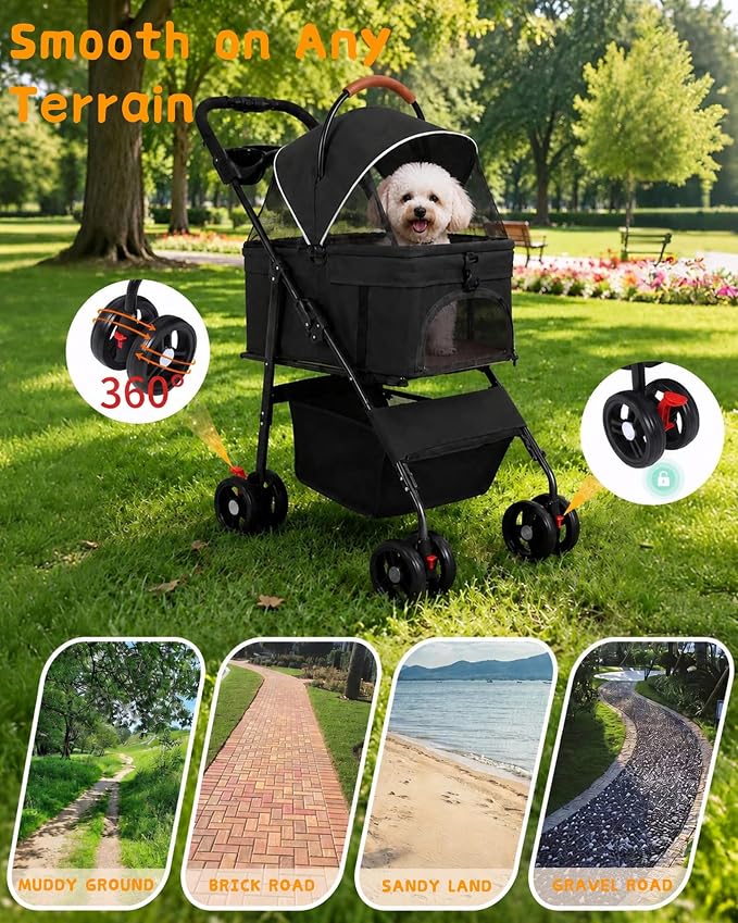 Pet Stroller, 3 in1 Foldable Dog Cat Stroller with Detachable Carrier-Black | 35lbs Lightweight Foldable Dog Stroller, All-Terrain 4 Wheels, Compact Travel Pet Stroller for Small to Medium Pets