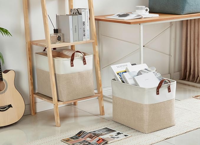 DECOMOMO Fabric Storage Bins, Extra Large Storage Baskets with Handles | 3 Pack Storage Baskets for Shelves, Laundry, Toys, Nursery (Beige & White)