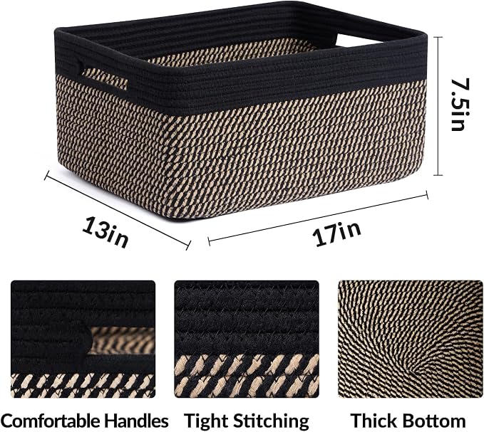 MiniArk Large Storage Baskets for Organizing, 17 x 13 x 7.5” Closet Shelf Baskets for Clothes Blanket Towels, Baby Nursery, Toy Bins Box, Woven Rope Baskets, 4 Packs Woven Brown