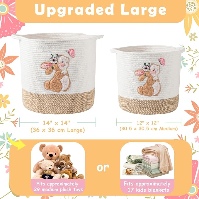 Large Blanket Baskets for Living Room, Bunny Baskets Toy Storage Basket Woven Cotton Rope Basket for Kids, Toys Organizer Clothes Hamper with Embroidery, Laundry Hamper Nursery Decor ( Large )
