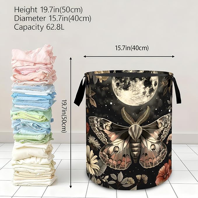 Mystical Moth and Moon Laundry Basket,Dirty Clothes Hamper,Retro Insect Floral Storage Bin Gifts,Foldable Waterproof Oxford Cloth Baskets for Bedroom,Bathroom,Home Decoration(19.7" x 15.7")