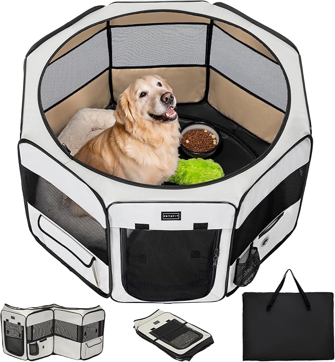 PETSFIT Portable Dog Playpen 45", Removable Waterproof Mat, Zippered Roof | Jump-proof, Collapsible Storage, RV Camping Travel, Indoor Outdoor Use, Large Dogs and Cats, 45.5"L x 45.5"W x 28.5"H