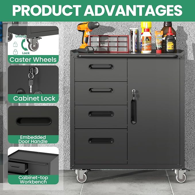 Garage Cabinet System | Heavy Duty Steel All-in-One Modular Garage Cabinet Set for Ultimate Workshop Organization | Easy Assembly Garage Storage Cabinets & Tool Bench