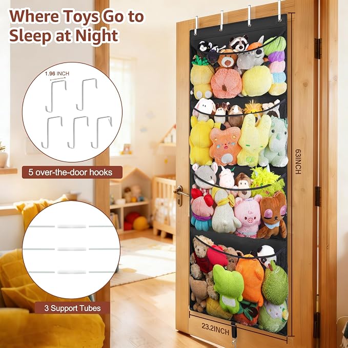 Over Door Stuffed Animal Storage, Hanging Plush Toy Organizer Holder | Behind Door Organizer with 4 Large Pockets, Mesh Hammock Bag for Doll & Bear Stuffies, Idea for Girl Boy Kid Nursery Closet