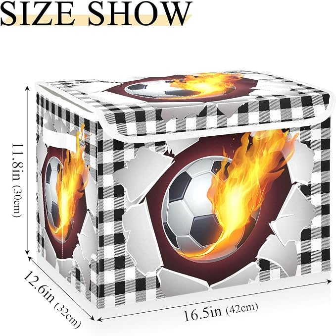Football Fire Fabric Storage Bins with Lid Closet Bedroom 40L Fabric Bin | Decorative Storage Boxes, Foldable & Stackable, Dust-Proof Flip Top, Reinforced Handles, For Home & Dorm, Clothes & Toy Box