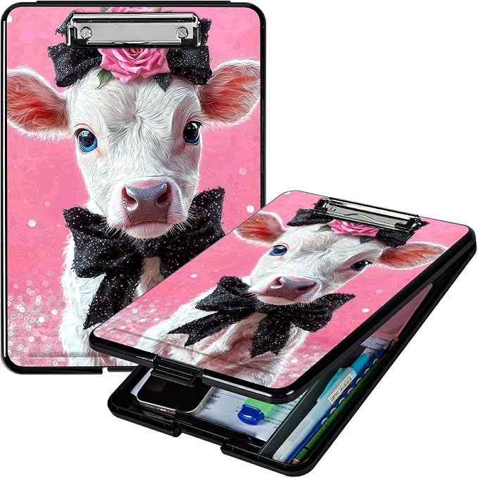 Heavy Duty Storage Clipboard, Slim Nursing Clipboard with Internal Pen Case, Portable File Organizer Case for A4 Letter Size Paper Office Medical Professionals, Pink Flower White Cow