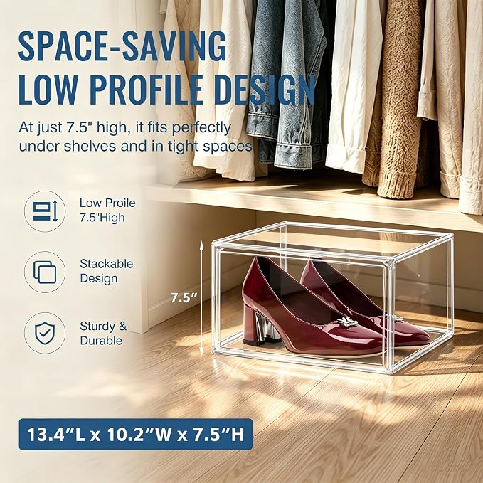 12 Pack Low Profile Clear Shoe Storage Box for Flats,Loafers,Heels | Space-saving 7.6-inch height fits under shelves &cabinets.Ideal for flats,loafers,slip-ons&compact living.1 Pack Fit Size 12