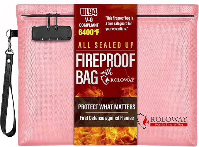 ROLOWAY Fireproof Document Bag (14.5 x 11.5 inch), 6400℉ Fireproof Money Bag with Zipper for Cash, Fire Safe Money Pouch with Lock (Pink)