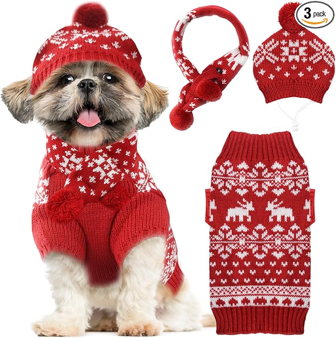 ABRRLO Dog Christmas Outfit 3 PCS Set Pet Xmas Sweater Hat Scarf Snowflake Christmas Dog Cat Sweaters Costume Winter Warm Small Dogs Clothes New Year Holiday Puppy Clothing (Scarf + Hat + Sweater,M)
