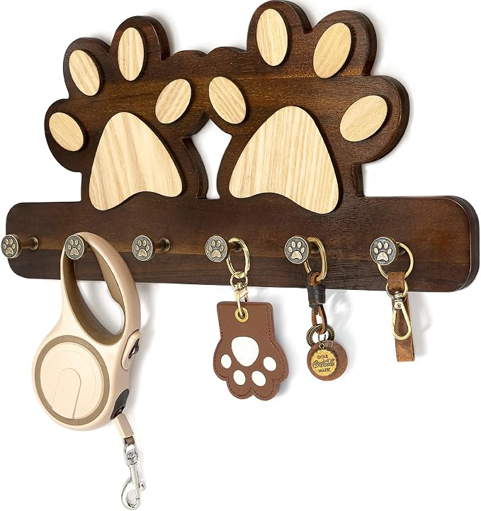 MTERSN Cute Dog Leash Holder for Wall for Apartment Essentials, Dark Brown | Acacia Wood, 3D Pet Claw Hooks, Wall Key Holder with 6 Hooks Dog Leash, Ideal for Wall Decor, Gift Idea for Dog Lovers