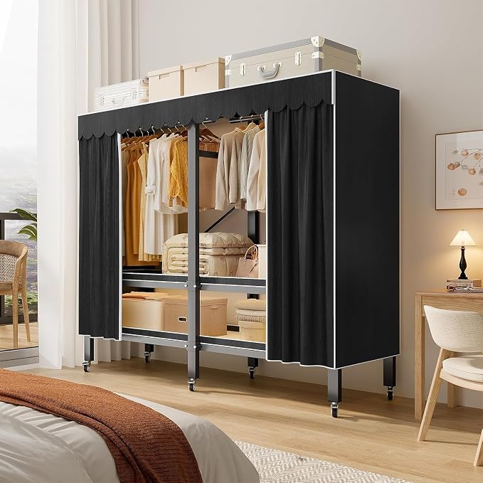 49.1in Heavy Duty Portable Closet with Black Cover | Foldable Covered Clothes Rack for Hanging Armoire Wardrobe Closet System Freestanding Coat Storage Garment Racks