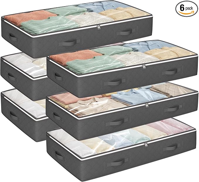 95L Under Bed Storage Containers, 6 Pack Storage Bins, Grey | Foldable underbed storage bins for linen sheets, blanket, clothing, comforter, sweaters, pillows, wrapping paper