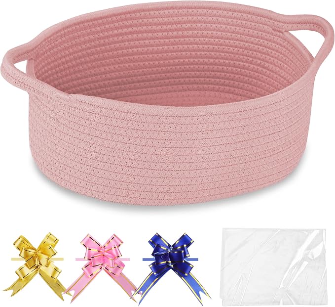 COMSE Empty Small Gift Basket with Bag & Ribbons, Dusty Pink | Cotton Rope, 12"x 8"x 5", Baby Toy Organizer, Stores Small Items for Bedrooms, Nurseries, Bathrooms, Living Rooms, Offices