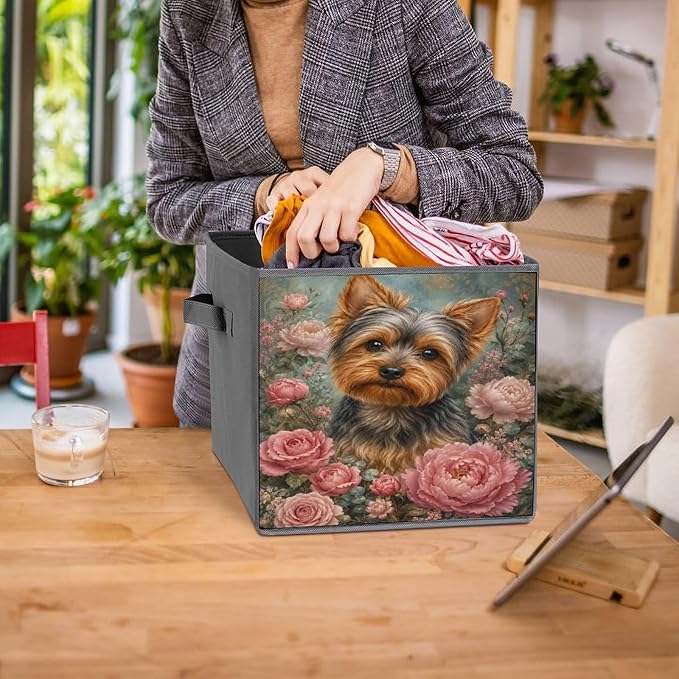 Yorkie Dog Floral Portrait Storage Bin with Handles, Oxford Fabric Foldable Storage Cube Organizer for Clothes, Towels, Bedroom, Living Room, Home Organization