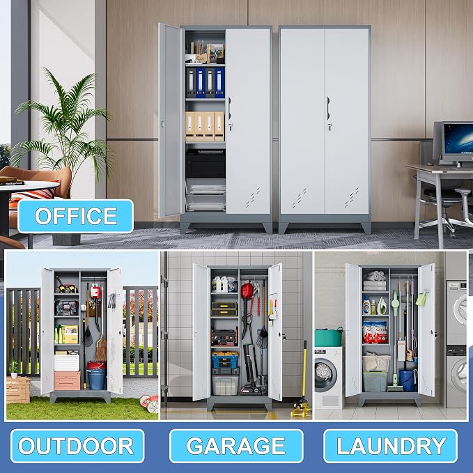 61" Metal Storage Cabinet with Lockable Doors, Cleaning Supply Cabinet with Pegboard and Hanging Rod. Garage Tool Storage Cabinets for Home, Laundry, Office, Home Kitchen Utility Cabinet
