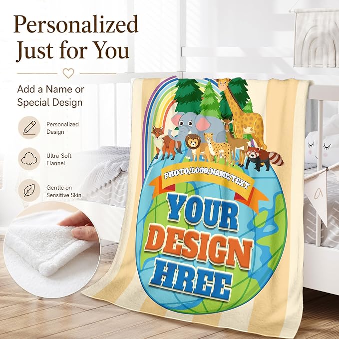 Custom Kid Flannel Blanket, Personalized Throw with Photo Logo Gift for Kid | Custom Name Blanket with Images Text, Lightweight Flannel, Cozy Kids Throw