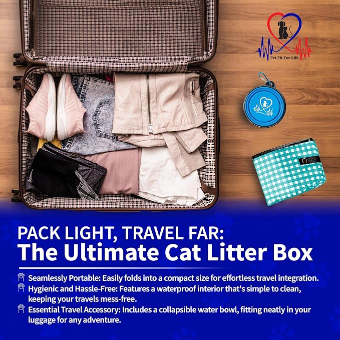 Pet Fit For Life Vibrant Collapsible Travel Cat Litter Box 16"x12"x5" Teal | Portable, Foldable Pop-Up Litter Box with Bonus Water Bowl. Compact Design Folds Flat for Travel, Camping and Home Use.