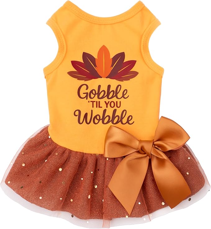 Fitwarm Gobble 'til You Wobble Dog Dress, Funny Thanksgiving Outfit for Small Dogs Girl, Festive Pet Clothes, Yellow, Orange, Large