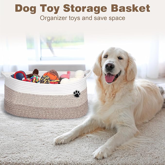 Optish 40L Extra Large Dog Toy Basket, 20" x 14" x 9" XL Toy Storage Box and Bin with Handles, Woven Cotton Rope Foldable Basket for Blankets, Living Room, Bedroom, Home Decor, White & Brown