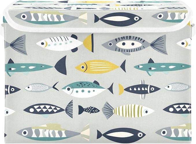 Storage Bins with Lid Fish Pattern Foldable Storage Boxes 40L Baskets | Decorative Storage Boxes, 300D Oxford Cloth, Hollow Board Frame, Flip Top Velcro Lid, 16.5x12.6x11.8 inch, Collapsible Design