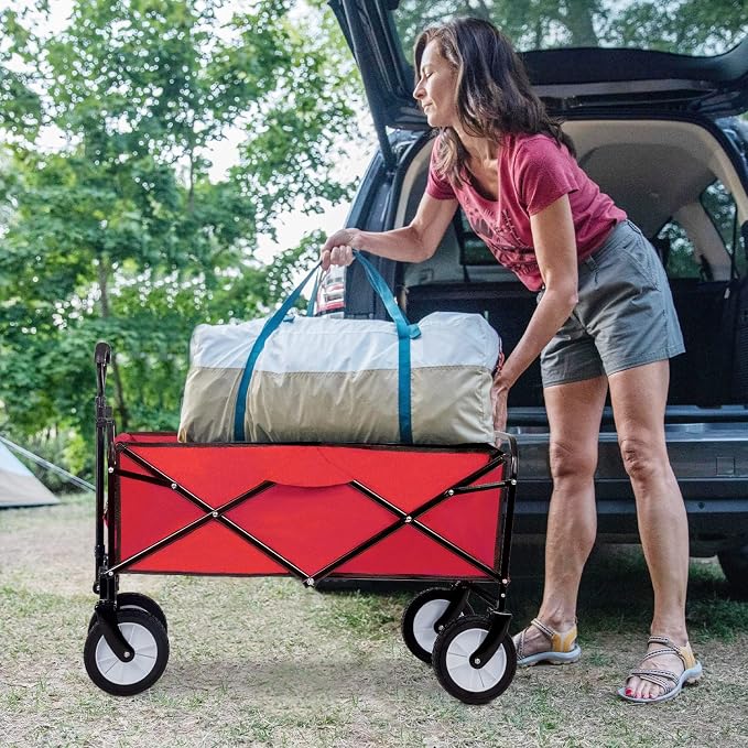 FDW Collapsible Wagon Folding Beach Grocery Garden Cart with 4 Universal Wheel for Shopping Park Picnic, Trip, Outdoor Activities, Camping(Red)