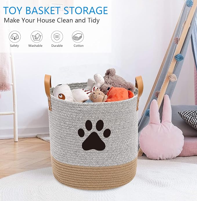 Morezi Cotton Rope Dog Toy Basket, Puppy Toy Storage Bin, Laundry Basket Blanket Storage - Perfect for Organizing Pet Toys, Blankets, Leashes - Gray Beige